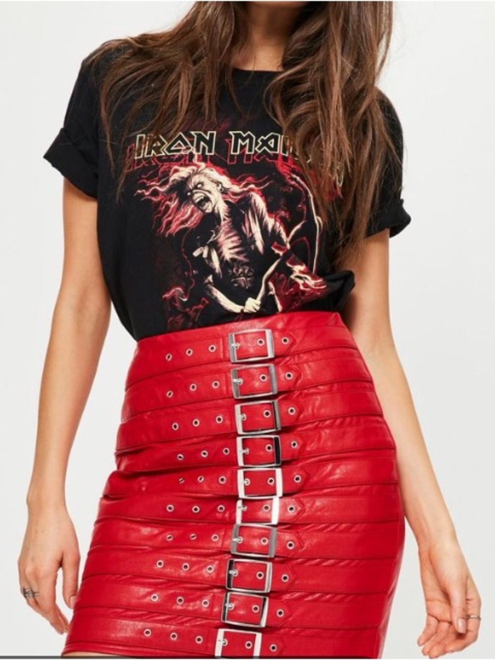 New Faux Leather Straight Mini Skirt Size 10 CherryRed Buckle Details Rocker